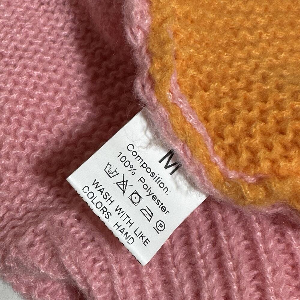 Women Open Knit Sweater Cardigan Medium Pink Orange Colorblock Fruit Crochet - Picture 7 of 9